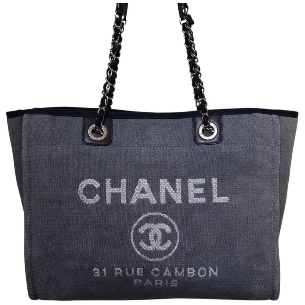 Chanel Deauville Tote Bag Denim Slate Blue Canvas Navy Trim Silver Hardware - Picture 2 of 16